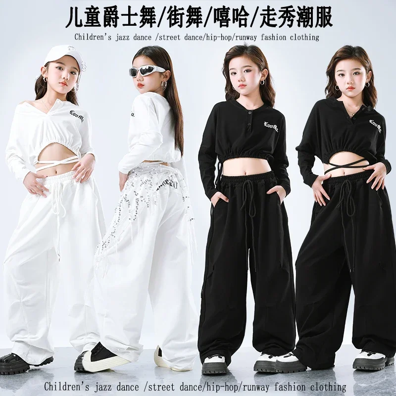 Criança jazz dança outfit hip hop meninas colheita topos carga calça crianças moletom conjuntos de roupas de dança de rua adolescente streetwear trajes