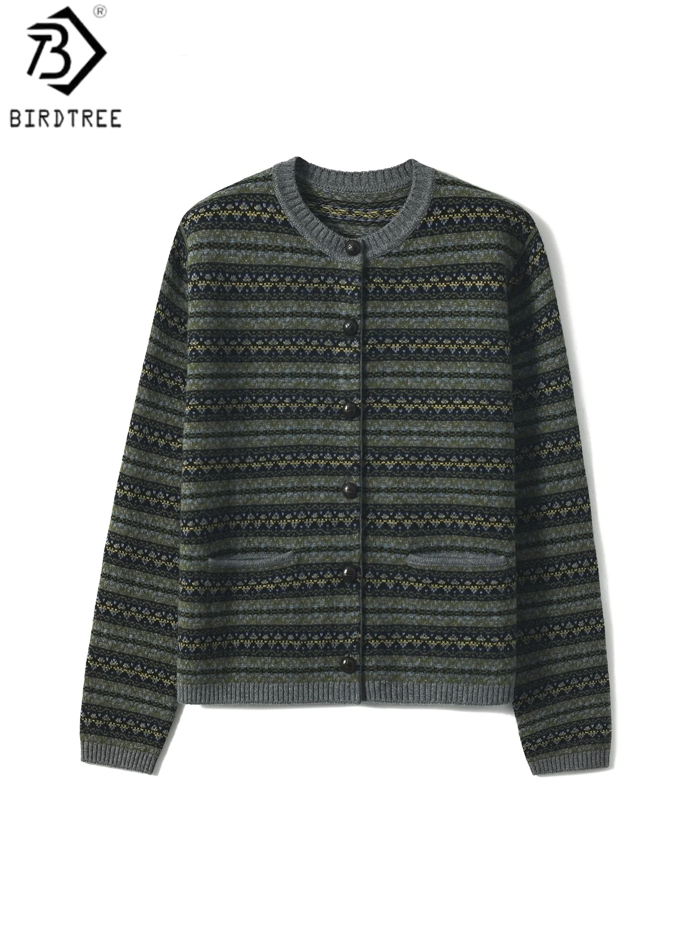 

Birdtree 90% Wool 10% Cashmere Cardigan,Woman Dotted Jacquard Wool Blend Full Sleeve Stripe Single Breasted Knit Coat T58911JF