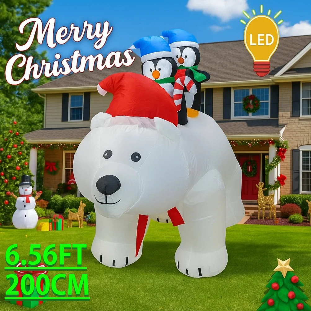 6.56FT العملاق عيد الميلاد نفخ الدب البطاريق البطاريق لعبة أضواء LED ساحة الطرف الديكور المنزل زخرفة عطلة لوازم