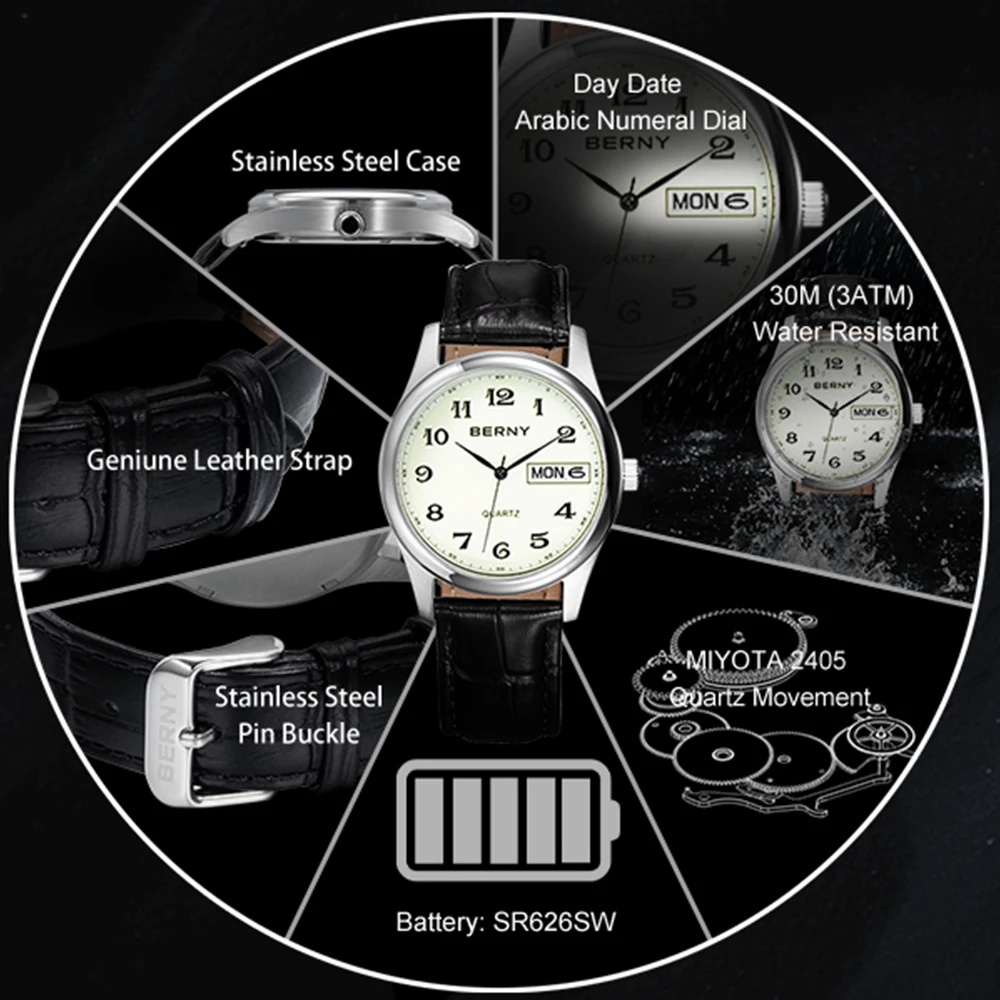 BERNY Quartz Watch for Men Miyota 2405 Business Male Wristwatch Day Date Calendar Genuine Leather Classic Men Watches Waterproof