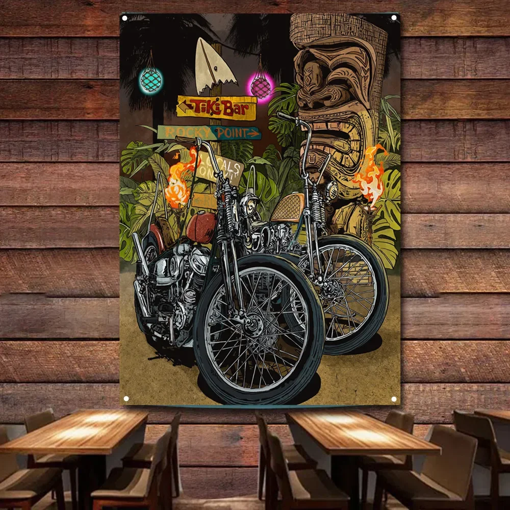 Halloween Vintage Decorative Banner Motorcycle Painting for Garage Gas Station Man Cave Auto Repair Shop Home Decor Poster