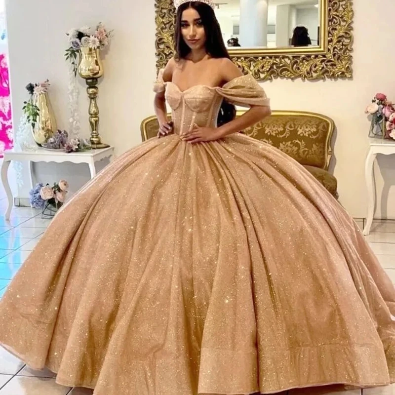 Rose Gold Shiny Quinceanera Dress Sweet 16 Dress Prom Gown Off The Shoulder Corset Tulle Sweetheart Princess Party Vestido De 15