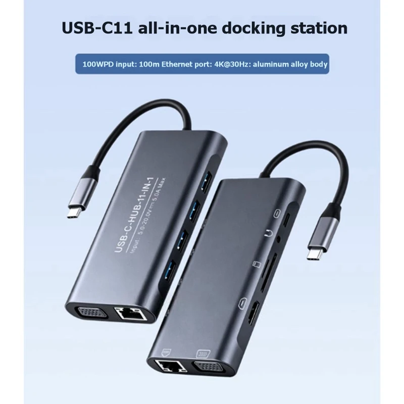 DT23 11-in-1 USB C Hub Docking Station Multiport Adapter 4K 30Hz RJ45 100W PD Fast Charging for Laptop