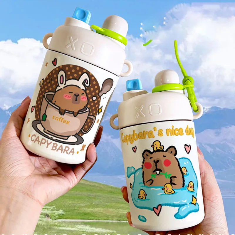 500ml Cute Capybara Vacuum Cup Anime Cartoon Two Port Water Cup Kawaii Travel Portable Student Secure Thermos Cup Girl Gift