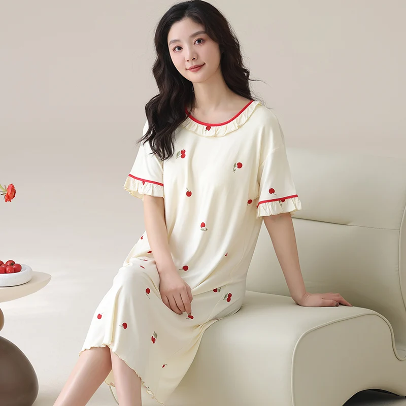 Women Modal Nightdress Small Flower Sleep Dress Short Sleeve Sleepshirt Ruffles Nightshirt Nightgown Sleepwear 4XL5XL Home Dress