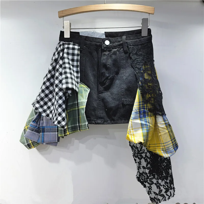 DEAT Women's Denim Skirt Patchwork Lace Irregular Plaid Contrast Color A-line Design Mini Skirts Spring 2025 New Fashion 29L9406