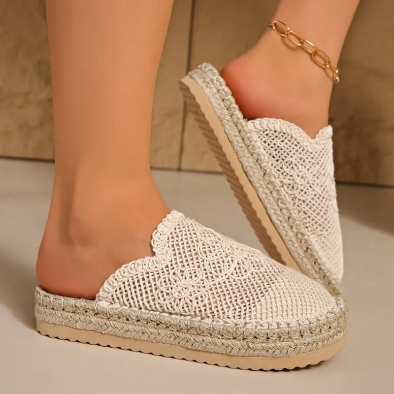 

Women Indoor Linen Slippers 2026 Spring Summer Shoes Anti-slip Light Weight Breathable Lace Couples Home Floor Slides Plus Size