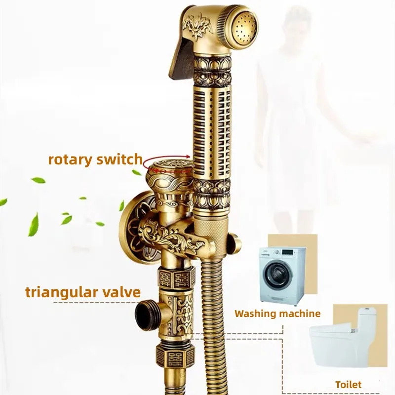 Bidet Spray Gun Kit Antique/Gold Copper Bathroom Accessory Pattern Design Single Cold Spray Gun Wash Garden Toilet Corner Clean