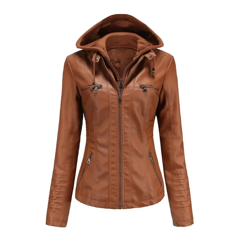 Women's Spring and Fall Hooded Pu Leather Jacket Two-piece Detachable Plus-size Casual Coat