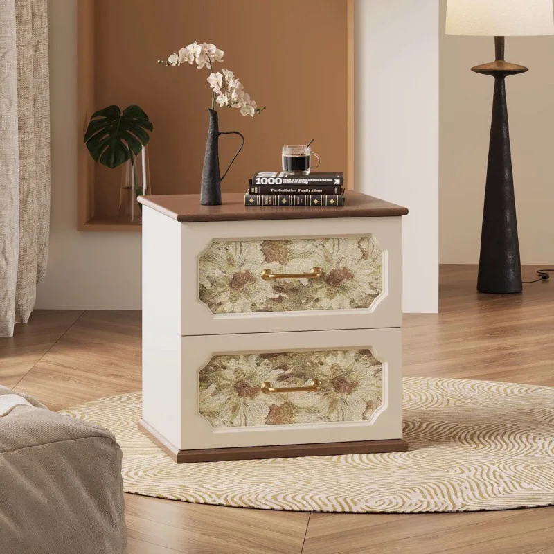 Medieval retro printing drawer bedside table solid wood household bedroom bedside table small objects rack edge few