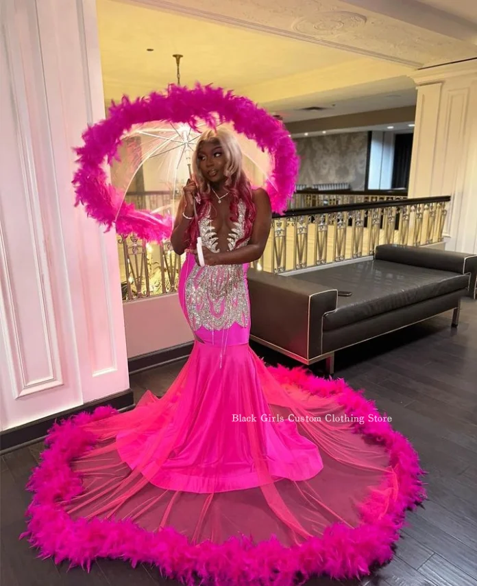 Luxury Rose Feather Prom Dress Elegant Crystal Applique African Evening Dresses See Through Mesh Customised vestido fiesta mujer