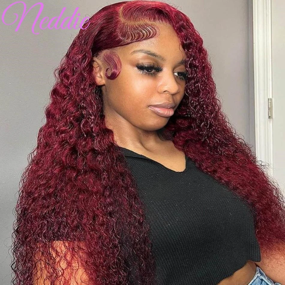 30 36 Inch Burgundy Brazilian Lace Frontal Wigs 13x6 HD Transparent Curly Human Hair Deep Wave Chioce For Women Colored Wig