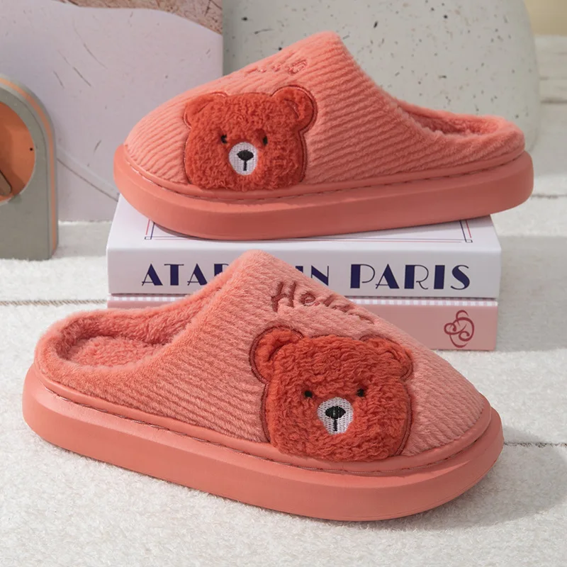 Cute cartoon Bear Corduroy House Slippers Women Men Winter Warm Plush Lined Thick Sole Non Slip Indoor Bedroom Cozy Home Shoes