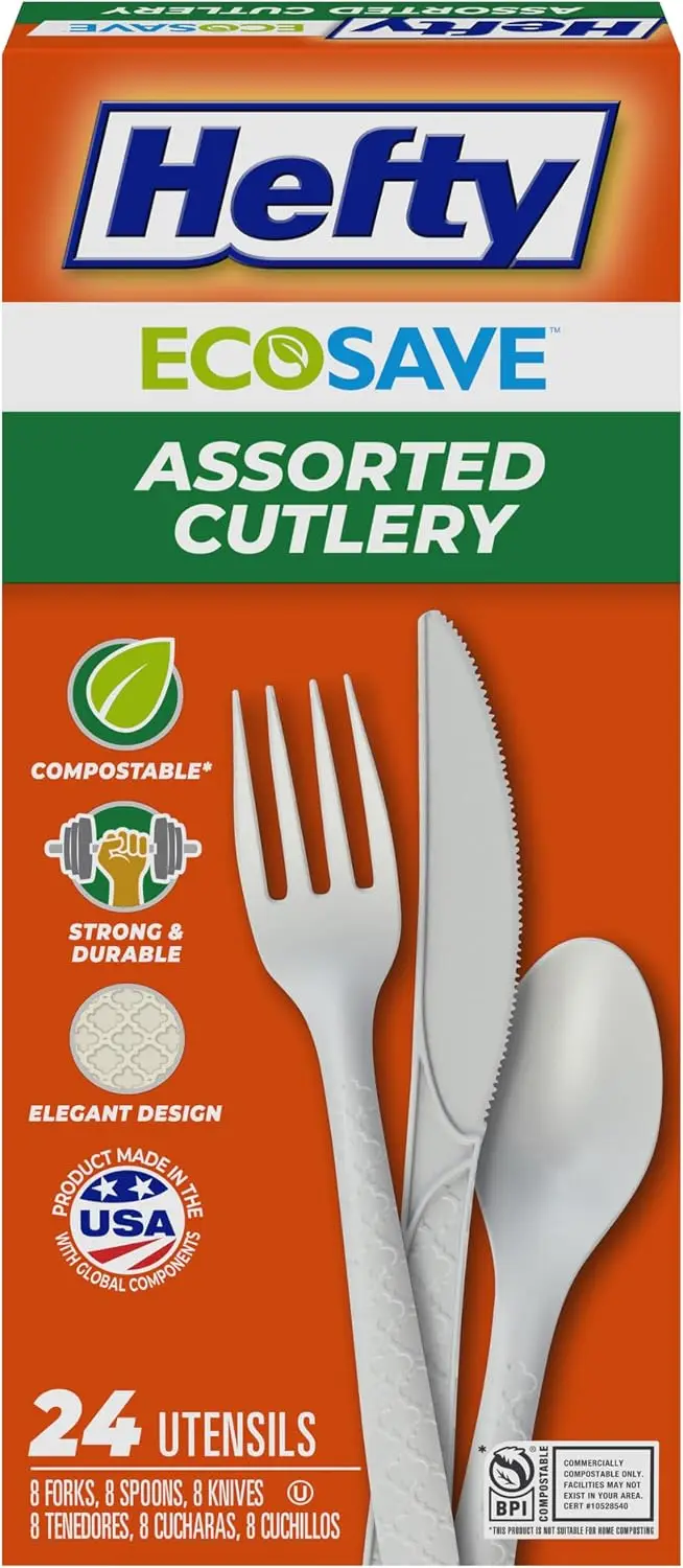 Compostable Assorted Cutlery Set, 8 Forks, 8 Spoons, 8 Knives | Compostable Disposable Utensils, Ideal For Bbqs, Tailgates