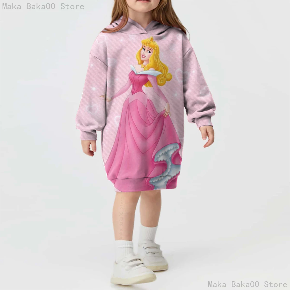 Fall Winter Girls Disney Aurora Sleeping Beauty Princess Hoodie Kids Dress Printed Dress Long Sleeve Pullover 2023