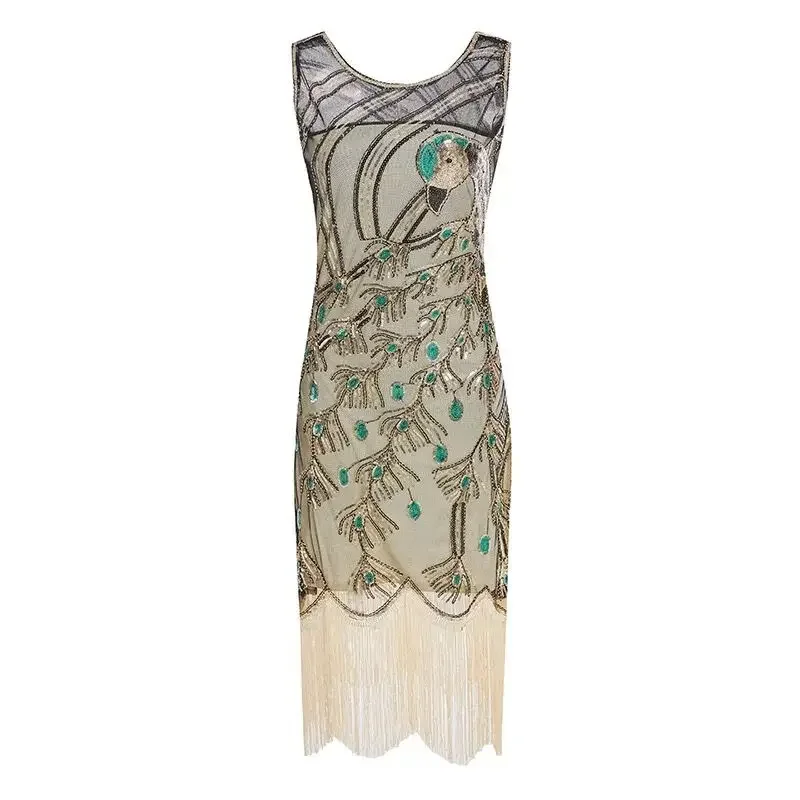 Women 1920 s Great Gatsby Dress Vintage Sequin Art Deco Double Flapper O-Neck Tassels Bodycon Beaded Party Embellished Fringed