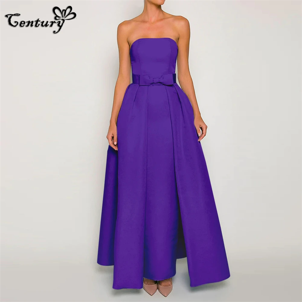 Vestido De fiesta morado largo con lazo De tren desmontable, vestidos De fiesta De noche De satén sin tirantes, ropa Formal, bata De velada personalizada