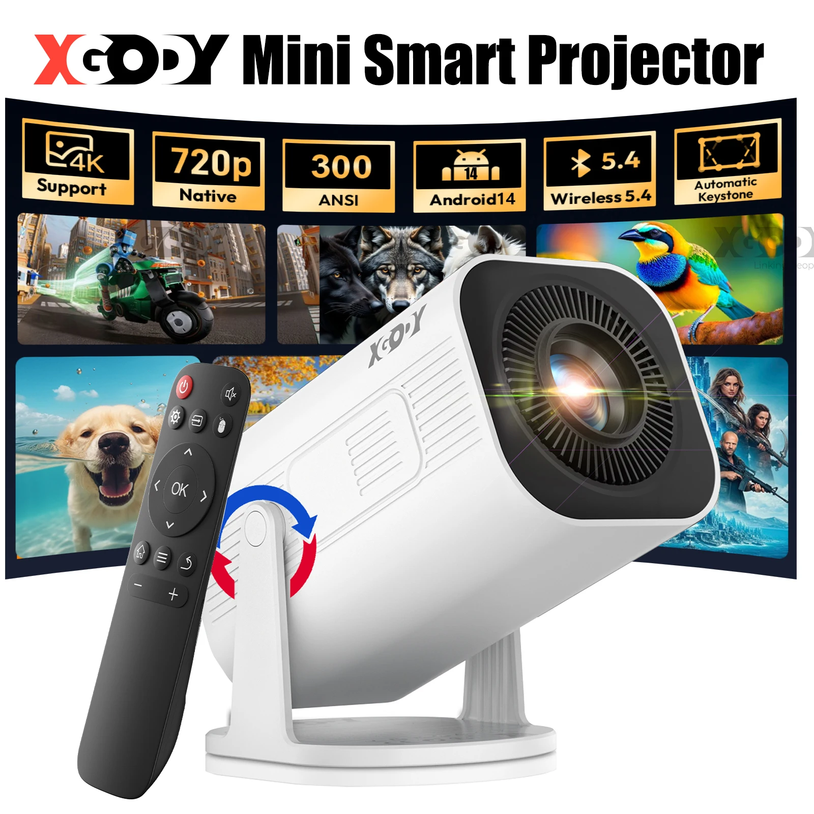XGODY Gimbal 3 Pro Mini Smart Projector, 300 ANSI, Native 720P, Android 14, WiFi 6 & BT 5.4, Auto Keystone Correction, Wireless Screen Mirroring, 20-120 Inch HD Home Theater Projector for Bedroom Movies Gaming, Support HDMI USB