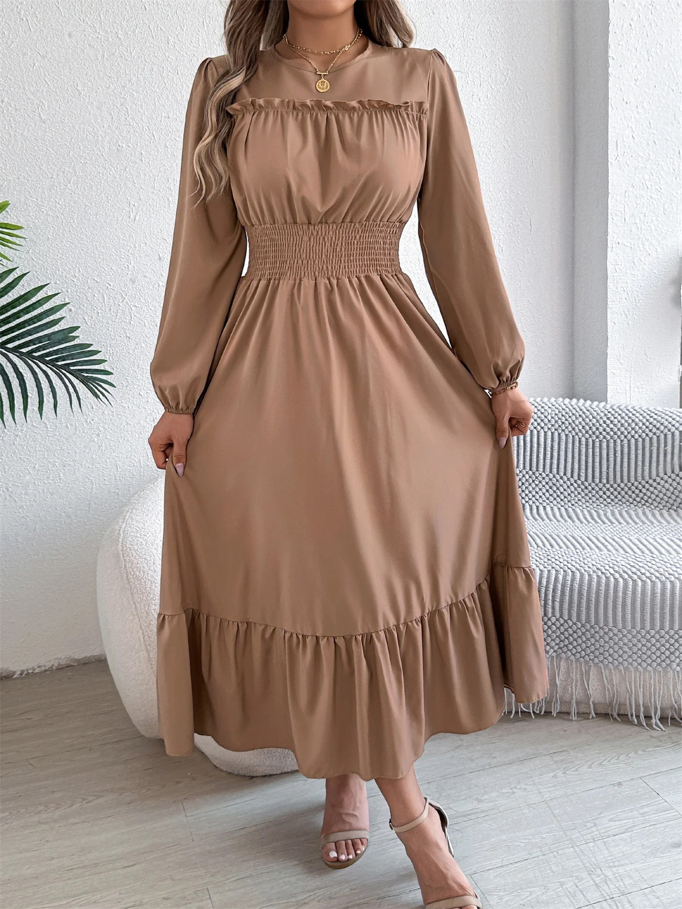 Women's Fall Lace Trim Dress Smocked Waist Round Neck Long Sleeve Ruffle Hem Midi Solid Resort Elegant