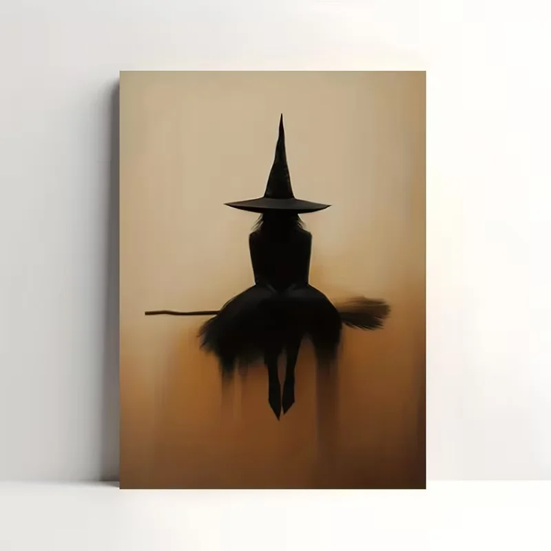 1pc Gothic Witch on Broomstick Canvas Wall Art - Beige & Black Wood Framed/Frameless Modern Minimalist Print, Hook-and-Loop Hang