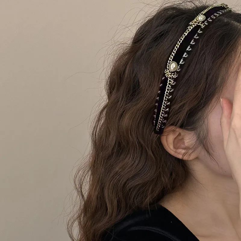 French thousand bird grid pearl chain headband, high-end exquisite retro design hairpin