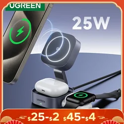 UGREEN Qi2 Supporto per caricabatterie wireless magnetico da 25 W Supporto di ricarica 2 in 1 per iPhone 15 16 Pro Max/AirPods per caricabatterie rapido MagSafe