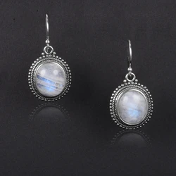 Silver Plated Earring Large Oval Natural Moonstone Earrings for Women Vintage Luxury Ear Jewelry Party Birthday Gift
