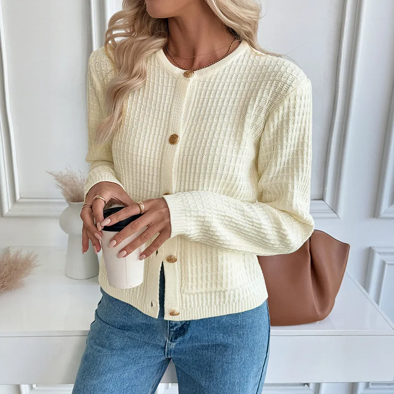 Autumn and Winter Chic Jackets Outwear Casual Korean Style Metal Button Cardigan Solid Color Sweater Jacket Women Coats