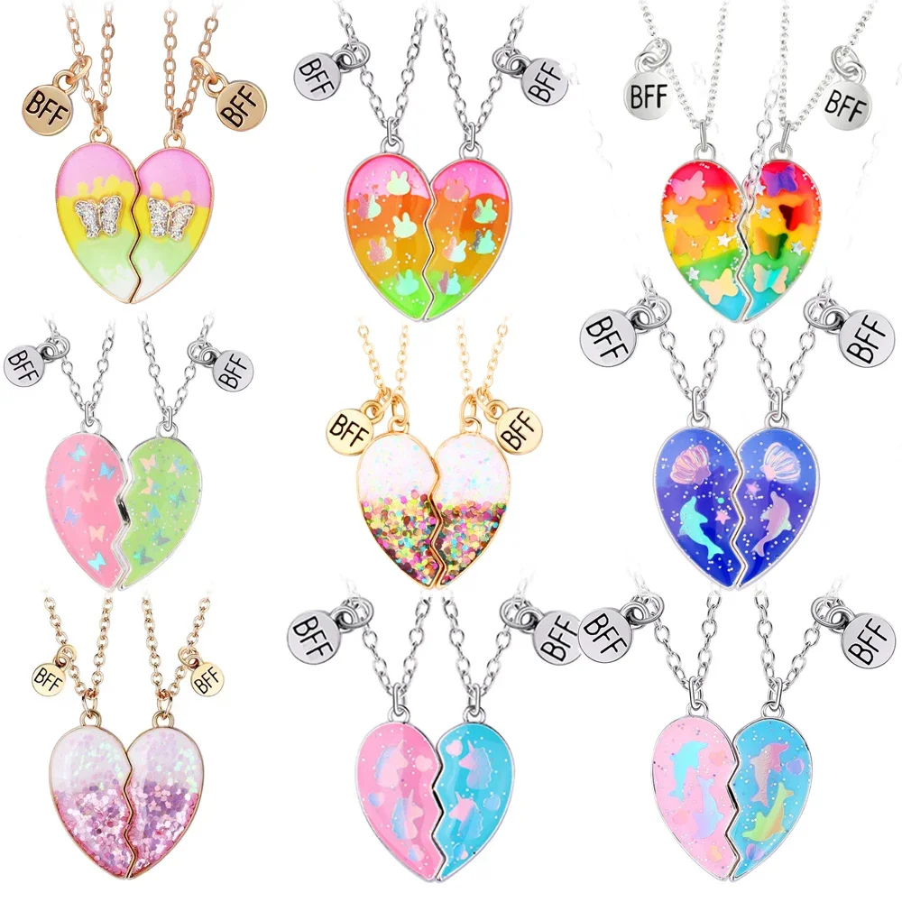 Elviragirl 2Pcs/set Heart-shaped Stitching Butterfly Sequin Best Friend Bestie Necklace for Girls Fashion Friendship Gifts