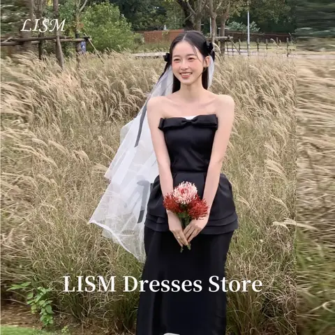 LISM 블랙 스위트 A 라인 한국 웨딩 드레스 사진 촬영 부드러운 얇은 명주 그물 발목 길이 우아한 이브닝 가운웨딩드레스맞춤형 코르셋