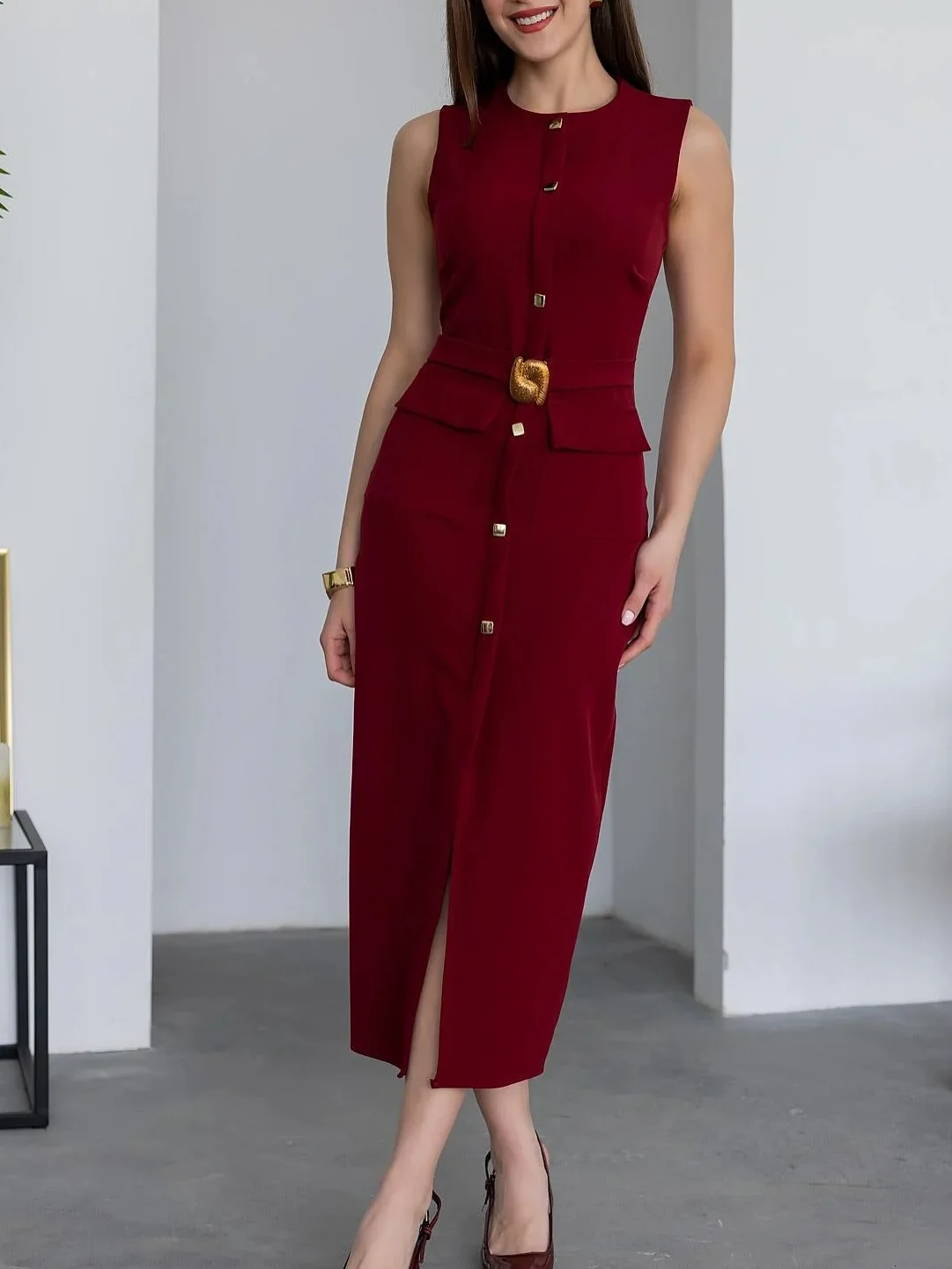 Women Fashion O-Collar Single Breasted Hem Slit Belt Decorate Midi Dress Female Chic Sleeveless Back Zipper Slim Dress