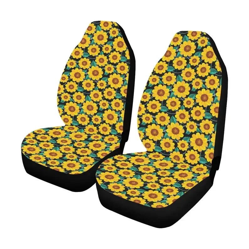 Sunflower Car Seat Covers 2 pc, Black Yellow Flowers Front Seat Covers, Floral Car SUV Seat Protector  for Women