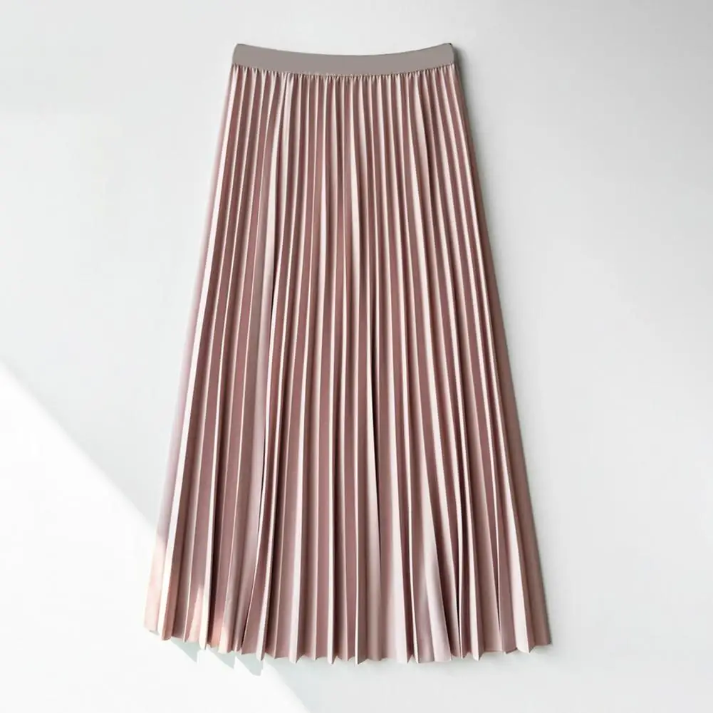 

Elastic Waist Skirt Elastic High Waist Pleated Skirt for Women Solid Color A-line Midi Skirt with Loose Fit Stylish Mid-length