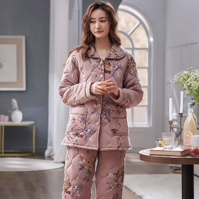 Women's Winter Thickened Cotton-padded Women's Pajamas Cardigan Lapel Flower Pattern 3 Layers Quilted Women's Home Furnishing