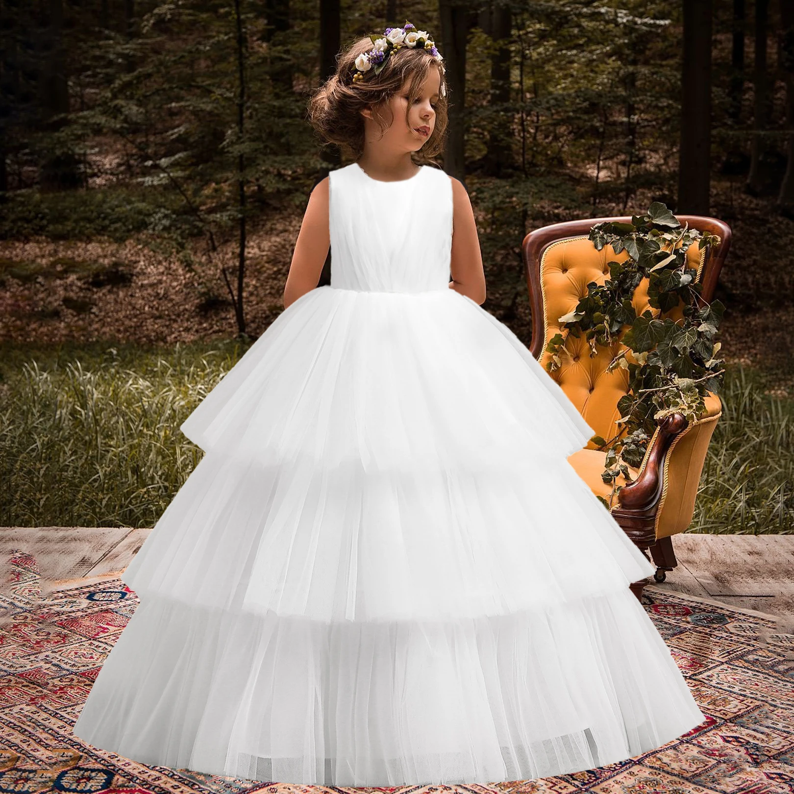 2024 Formal Sequins Children\'s Wedding Dress Fluffy Lace Prom Evening Party Dresses Costume Bridesmaid Princess Girls Clothing