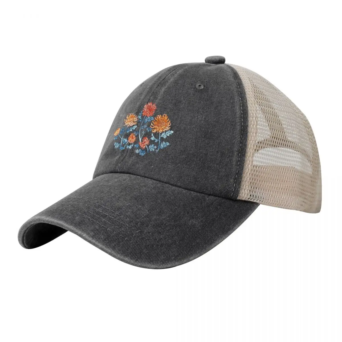 

Chrysanthemum Watercolor & Pen Pattern - Cornflower Blue Cowboy Mesh Baseball Cap Kids Hat Men's Women's