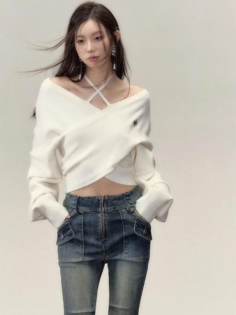 Korean Slash Neck Cross Hanging Neck Knitwear Women Fashion Sequince Collarbone Spicy Girl Solid Temperament Slim Winter Sweater