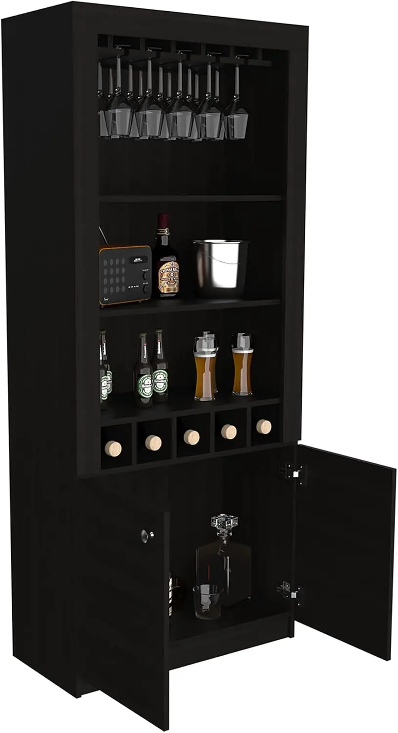 Cherokee Bar duplo porta do armário, 5 vinho Cubbies, rack, 2 prateleiras abertas, preto