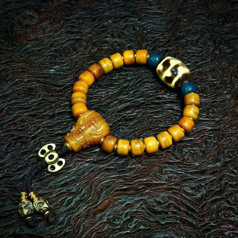5A Grade, Genuine Natural Stone Agate, Daluo Double Dzi Bead , Tibetan-Style Bracelet Made With Cow Bone