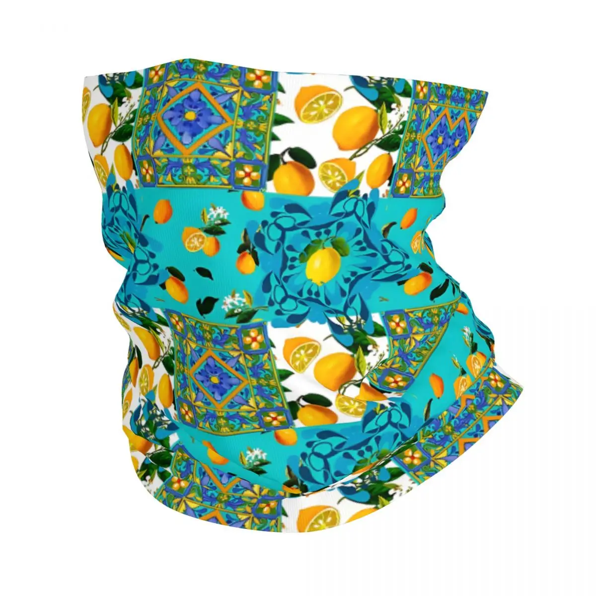 Majolica,Lemons,Citrus,Flowers,Tiles,Summer Scarf Neckerchief Neck Face Mask Polyester