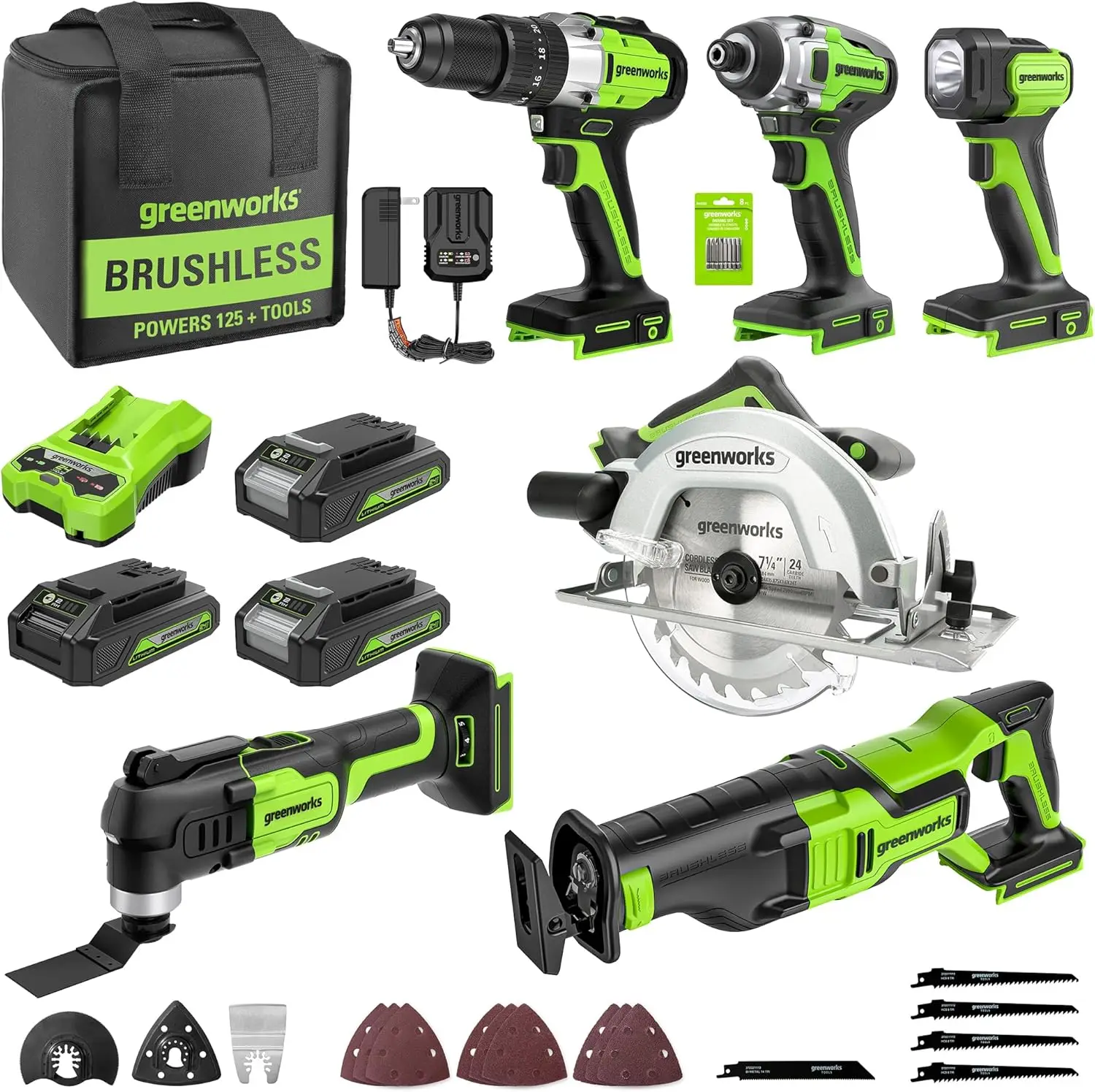 

Greenworks 24V 6-pcs Combo Kit: 24V Hammer Drill, Impact Driver, Multi-Tool, Flashlight, Reciprocating Saw & Circular Saw