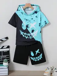 2pcs Boy Fashion Set With Summer Contrasting Smiling Face T-Shirt And Shorts Suitable For 7-13 Years Old Handsome Two-Piece Set