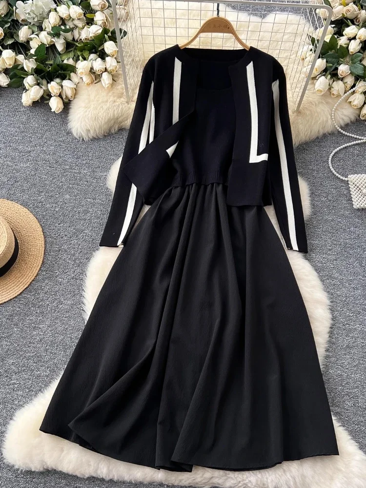 Autumn Winter Elegant Contrast Knitt 2 Piece Set Women Colorblock Cardigan Sweater+Sleeveless Vest Knit Dress Gentle Chic Suits