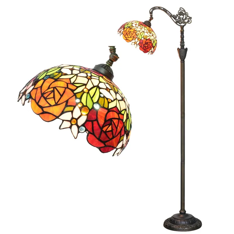 

Tiffany romantic Venetian style 12 inch red and orange two-color rose hand-colored glass lampshade