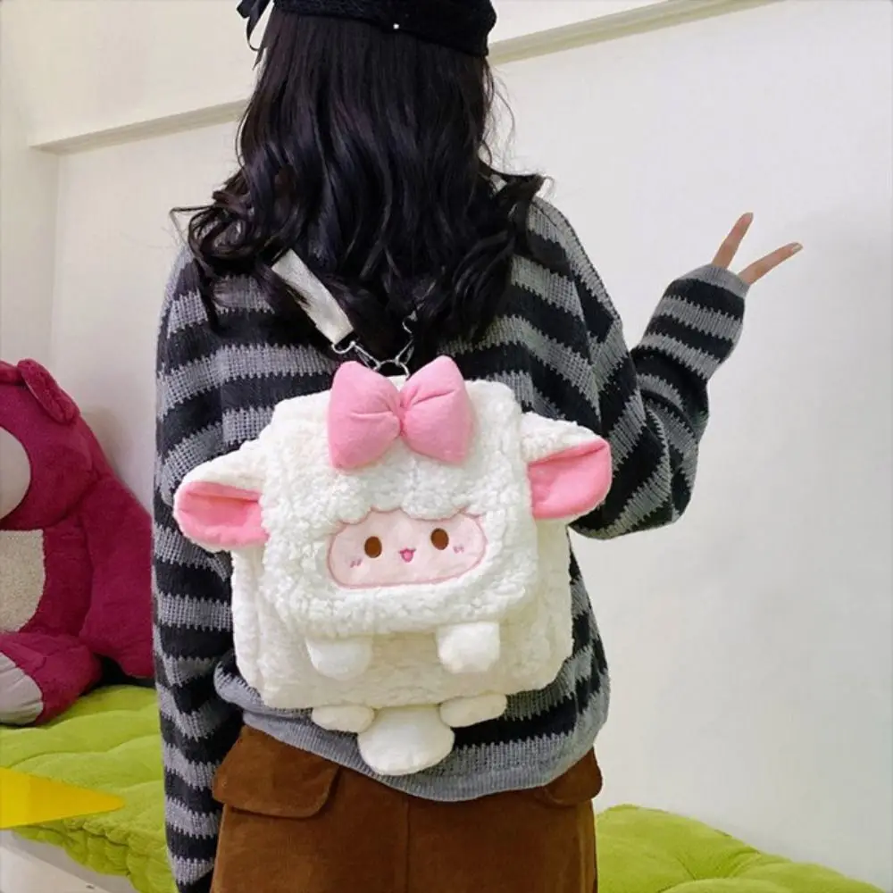 Casual Fluffy Cute Sheep Bag Soft Heart Plush Sheep Backpack Bow Kawaii Students