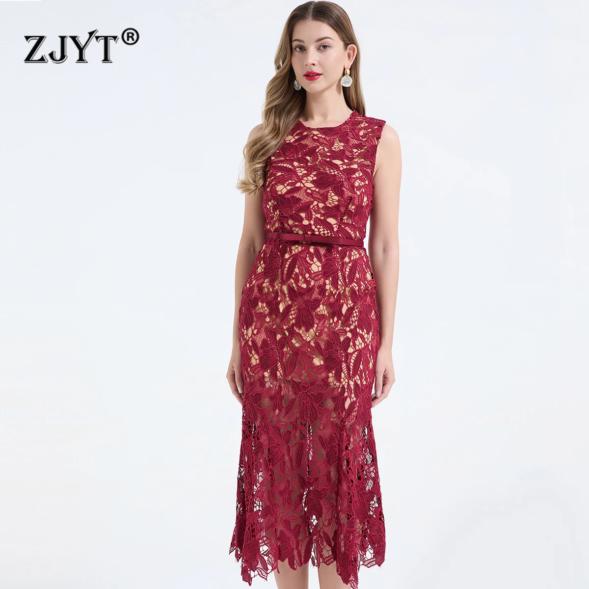 

Летнее женское платье ZJYT из кружева с вязаными элементами, элегантное, с вырезами, без рукавов, миди, фасон «труба», для вечеринок, сексуальная женская одежда 2026