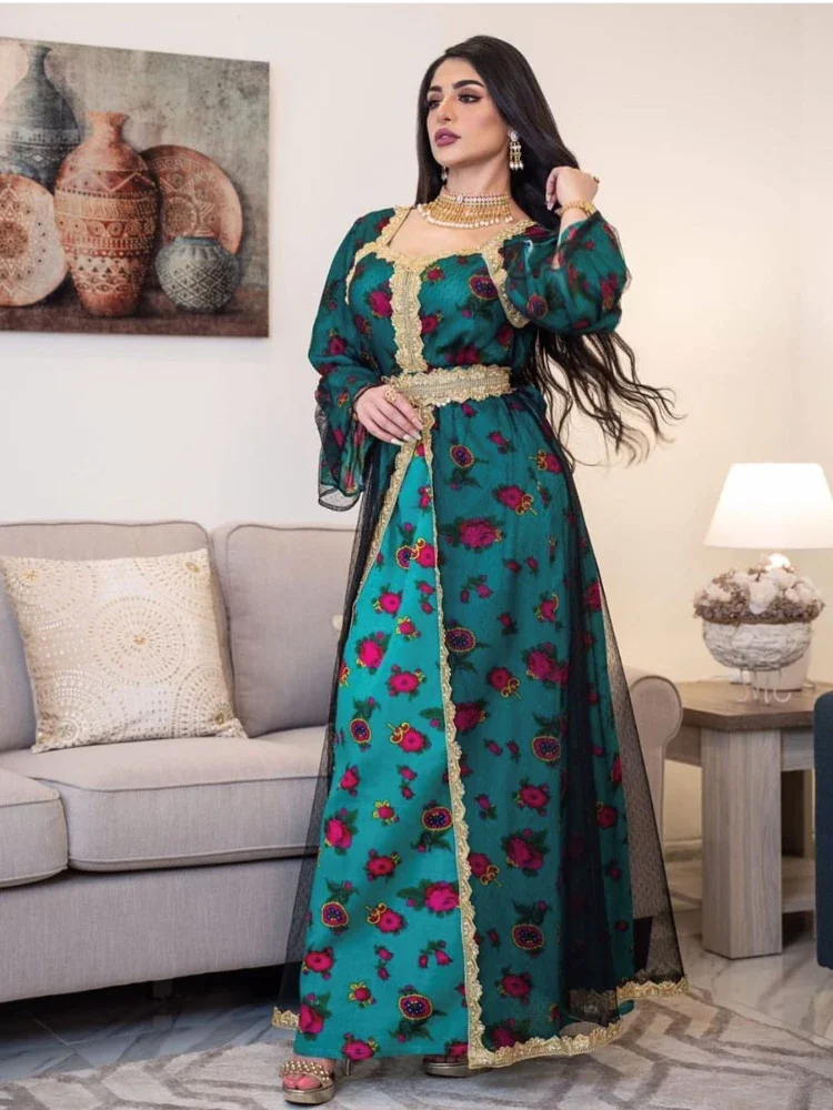 Eid Embroidered Abaya Dress Women Eid Mubarak Middle East Dubai Turkey Moroccan Kaftan Party Robes India Islamic Clothing