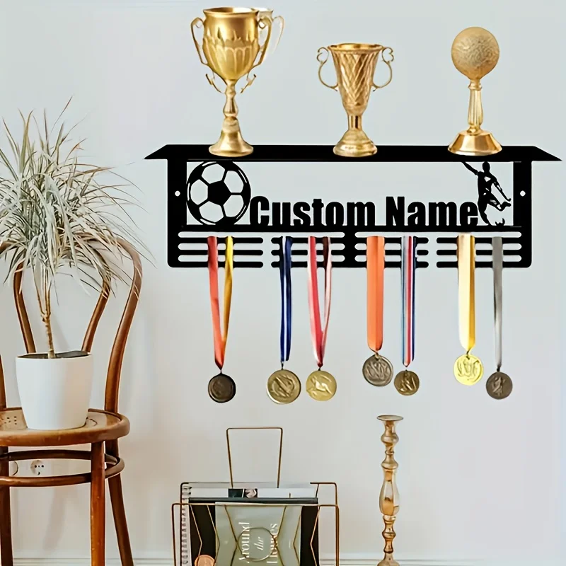 1Pc Custom Creative Football Metal Medal Holder Rack, Hang Metal Wall Art, Home Decor Sports Award Rack Storage Rack, Birthday G