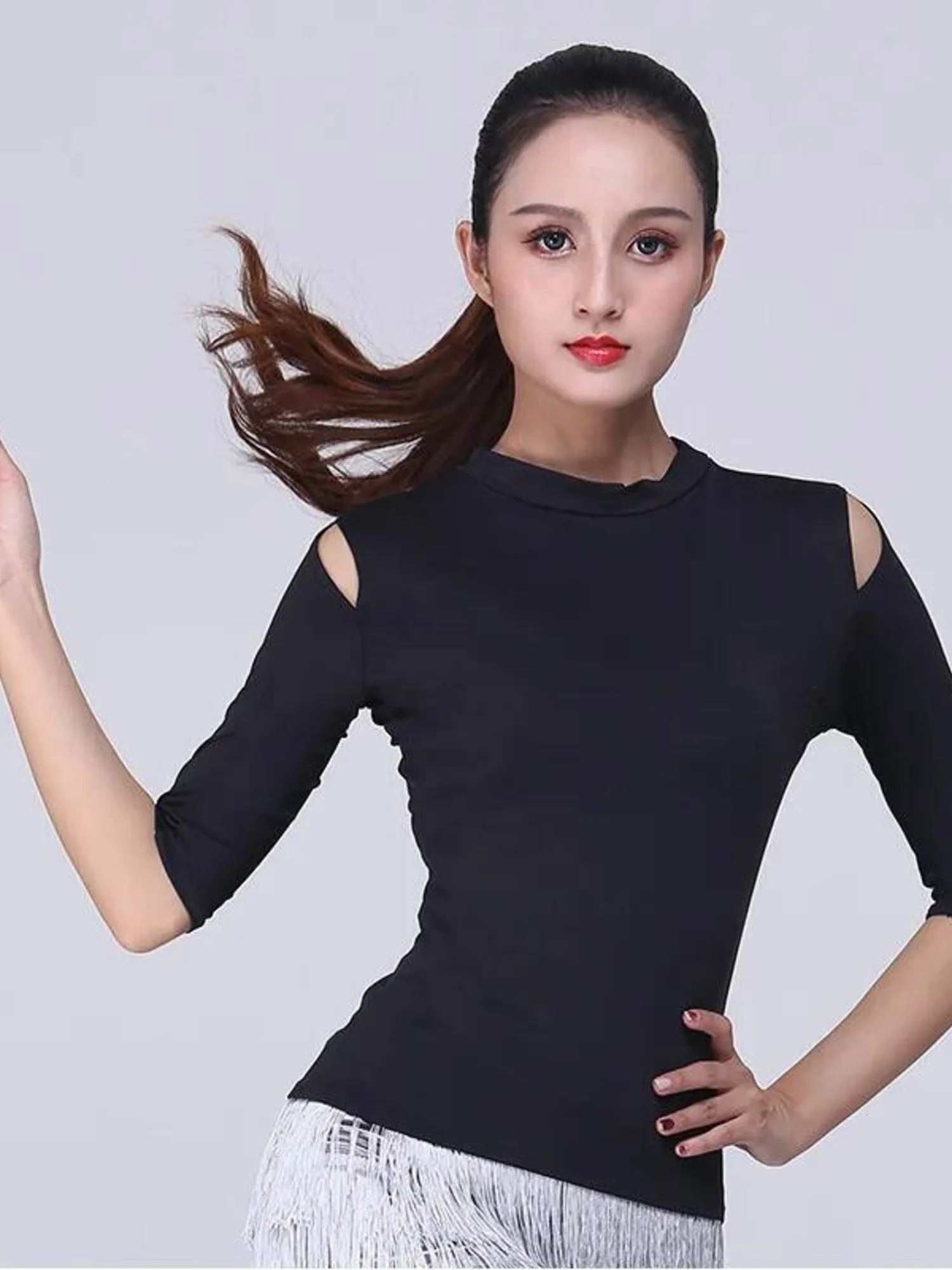 ผู้หญิงแขนยาวเต้นรําเสื้อยืดละตินหญิง Elegant หญิง SLIM FIT การแข่งขัน TOP สีทึบ Tango POLE เสื้อผ้า