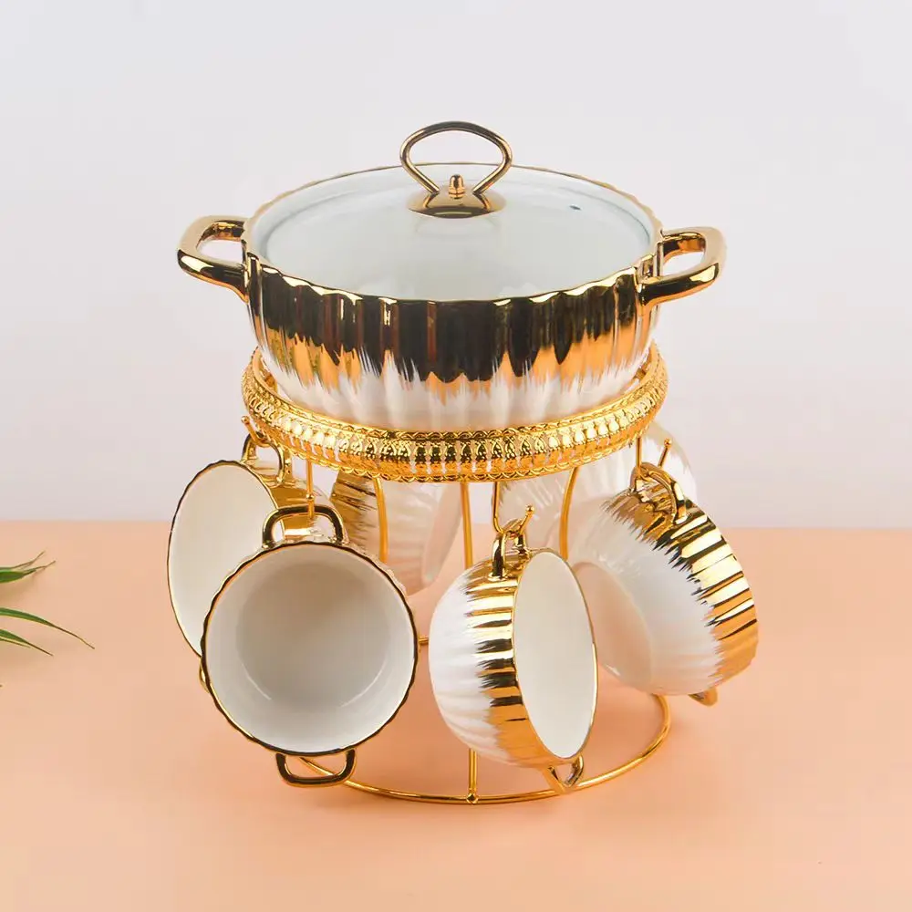 New Nordic Style Ceramic Pots Luxury Gold Edge Green Pink White Black Porcelain Soup Pot with Bowls Storage Rack Holder Set hot